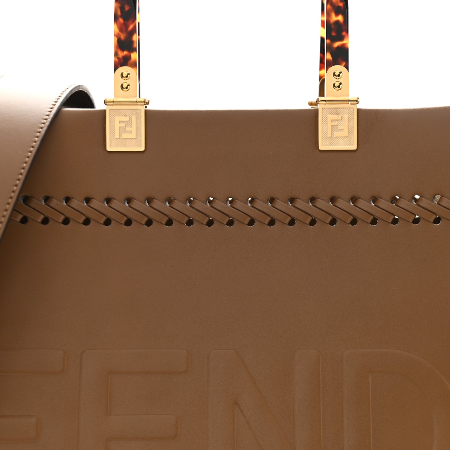 Vitello King Ceylon Plexiglass Woven Logo Debossed Fendi Sunshine Shopper Tote Sand