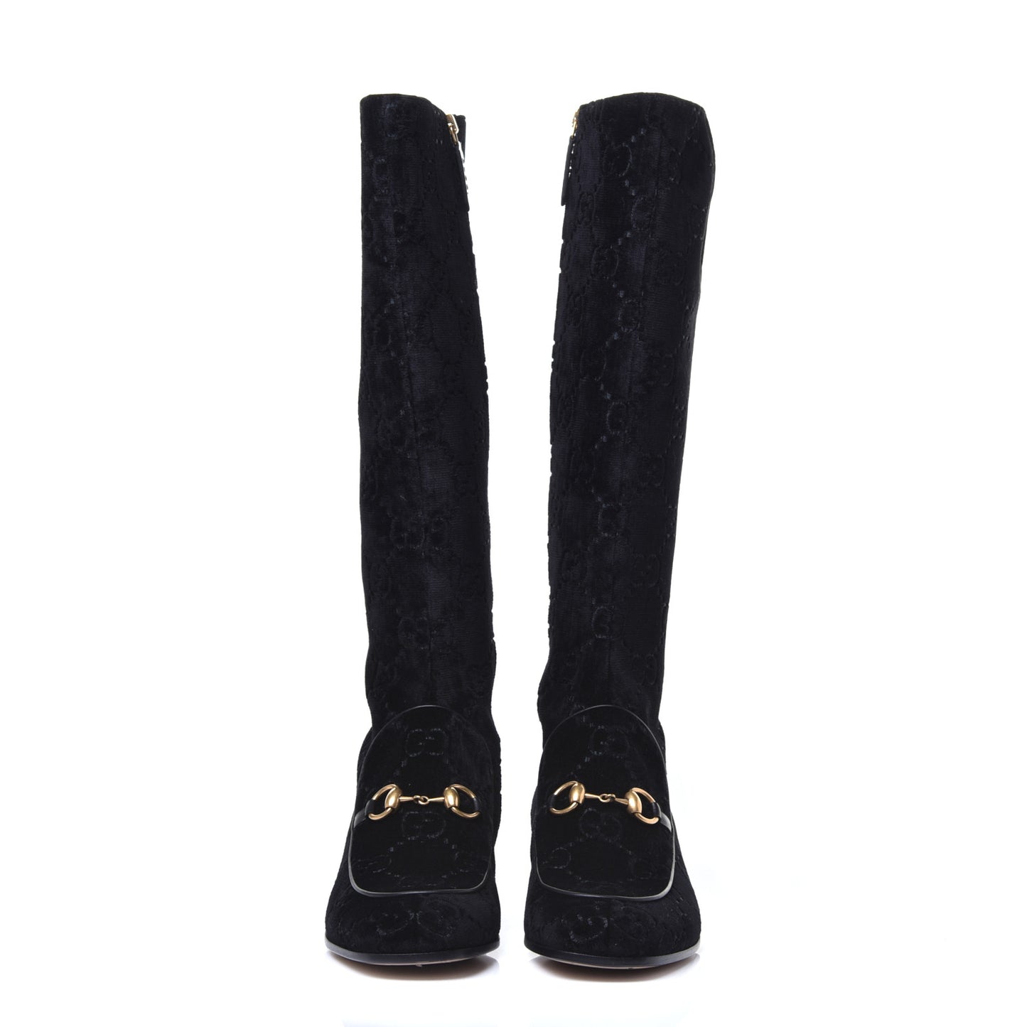 Velvet GG Monogram Crystal Horsebit Knee High Boots 39 Black