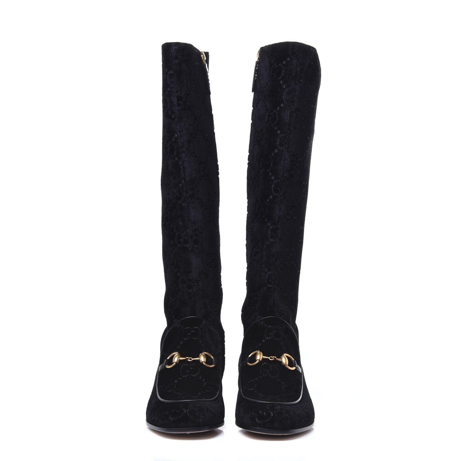 Gucci Velvet GG Monogram Crystal Horsebit Knee High Boots 39 Black 2 of 9