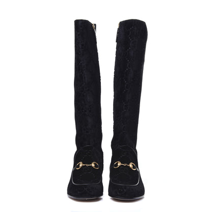 Gucci Velvet GG Monogram Crystal Horsebit Knee High Boots 39 Black 2 of 9