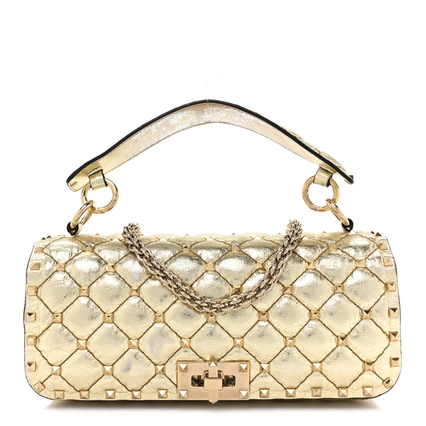 Metallic Nappa Small Rockstud Spike Shoulder Bag Platino