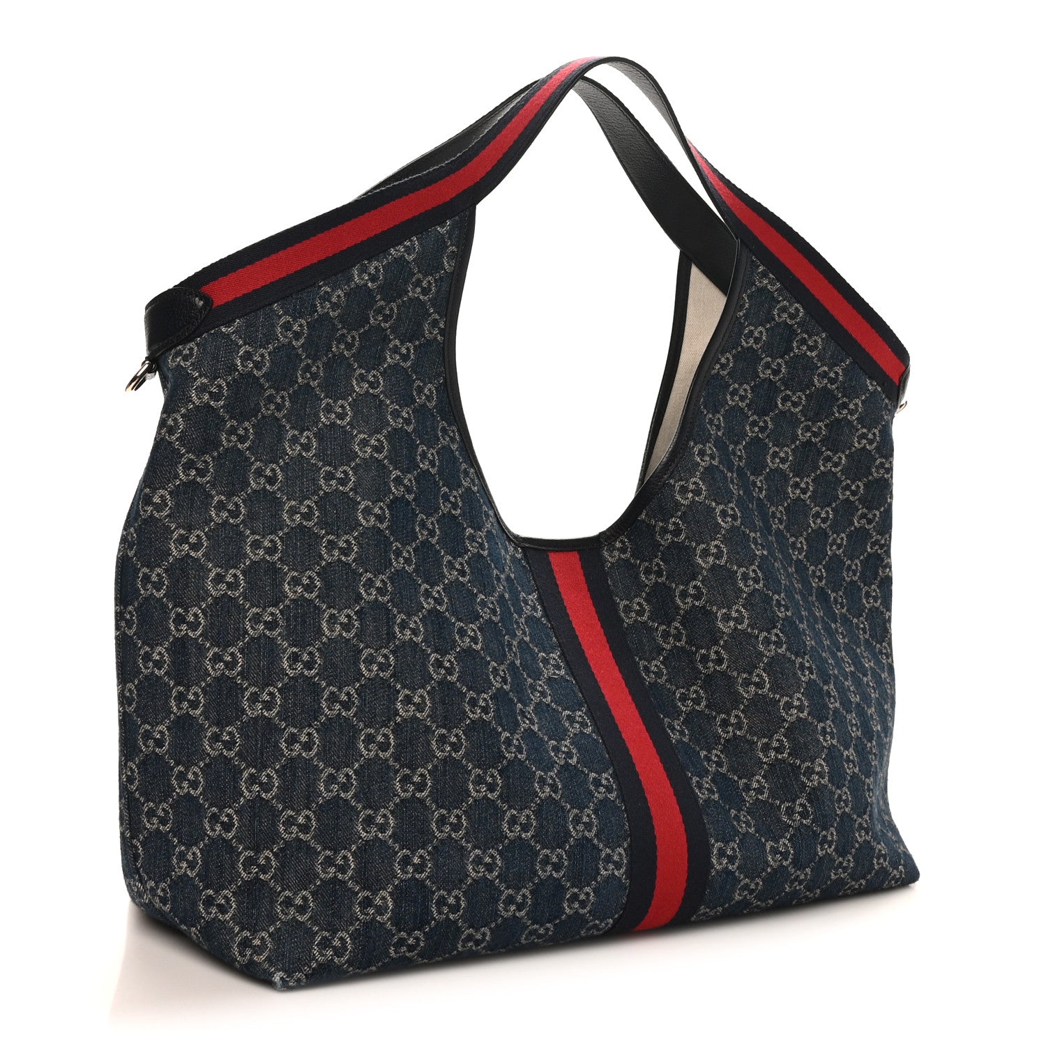 Gucci Denim GG Monogram Web Large Giglio Tote Blue 3 of 10