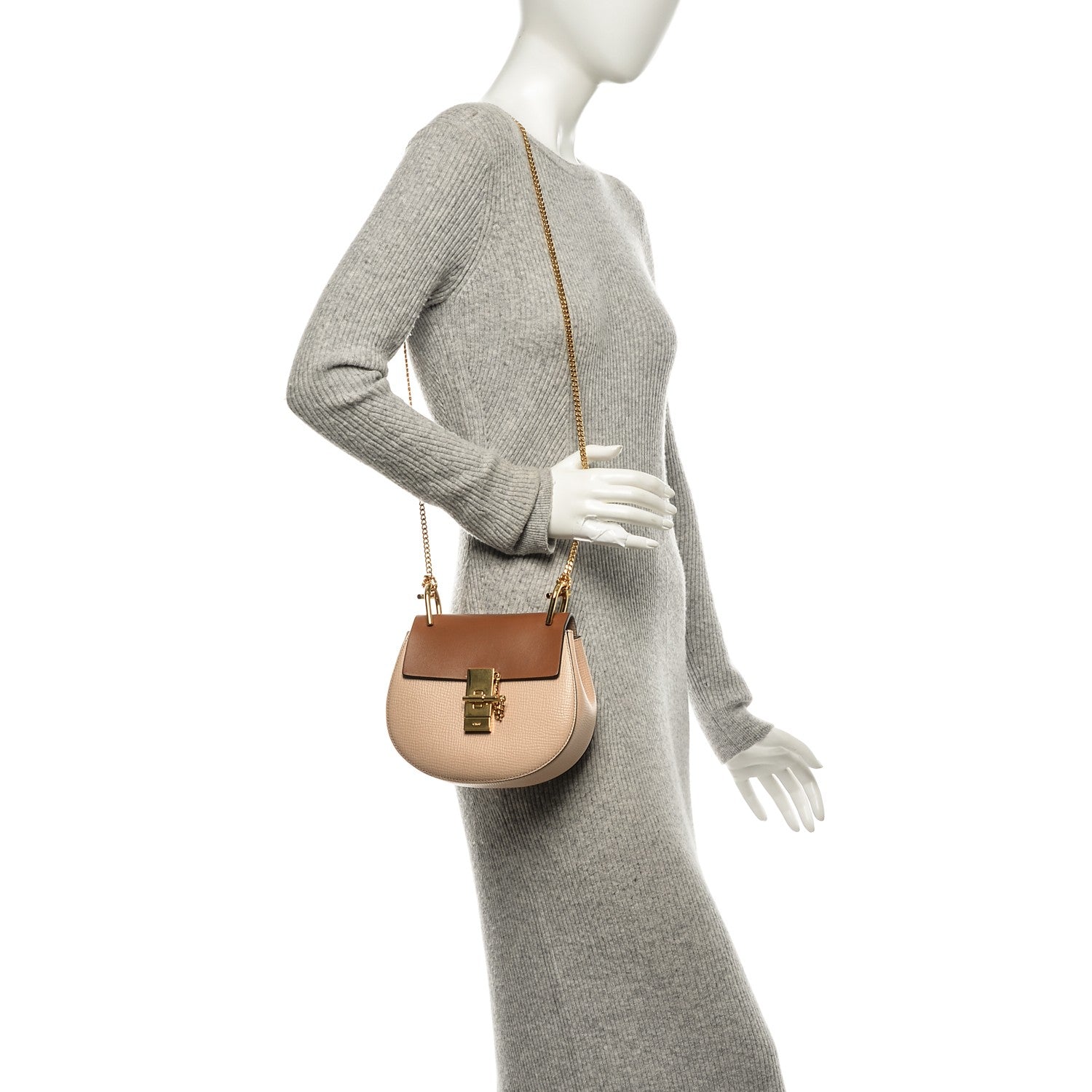 Chloe Grained Calfskin Lambskin Mini Bi-Color Drew Shoulder Bag Powder Beige Caramel 2 of 12