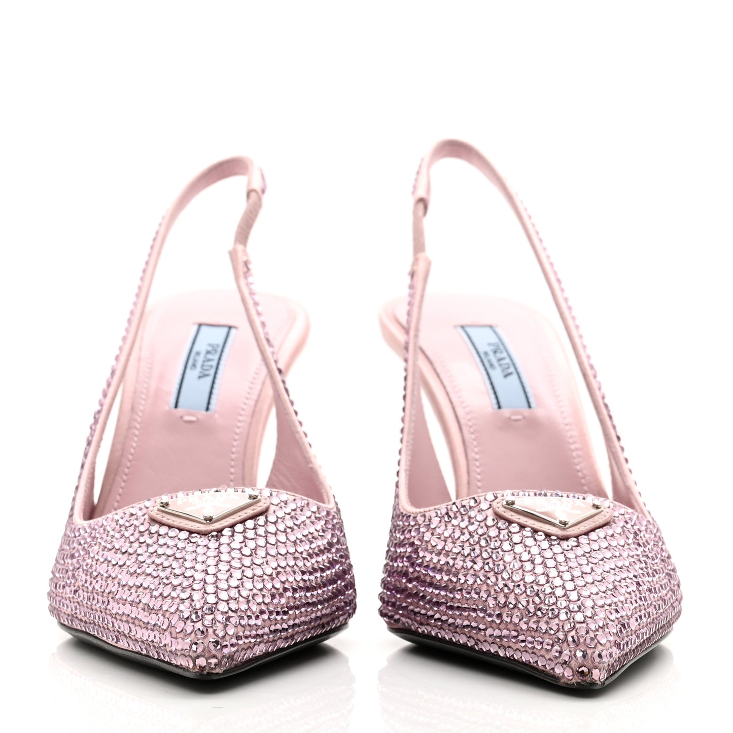 Satin Crystal Triangle Logo 85mm Slingback Pumps 35 Alabastro