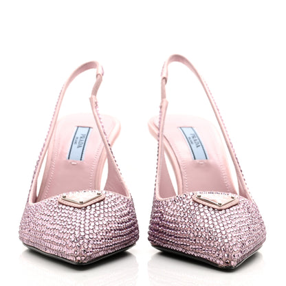 Prada Satin Crystal Triangle Logo 85mm Slingback Pumps 35 Alabastro 2 of 8