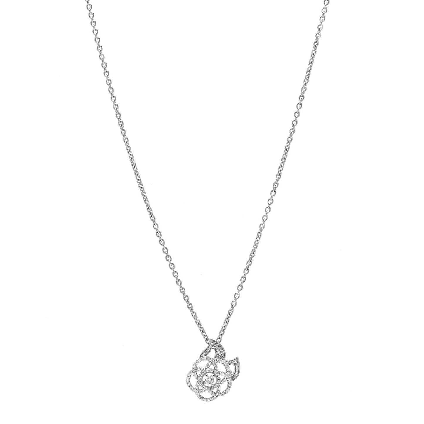 18K White Gold Diamond Camelia Pendant Necklace