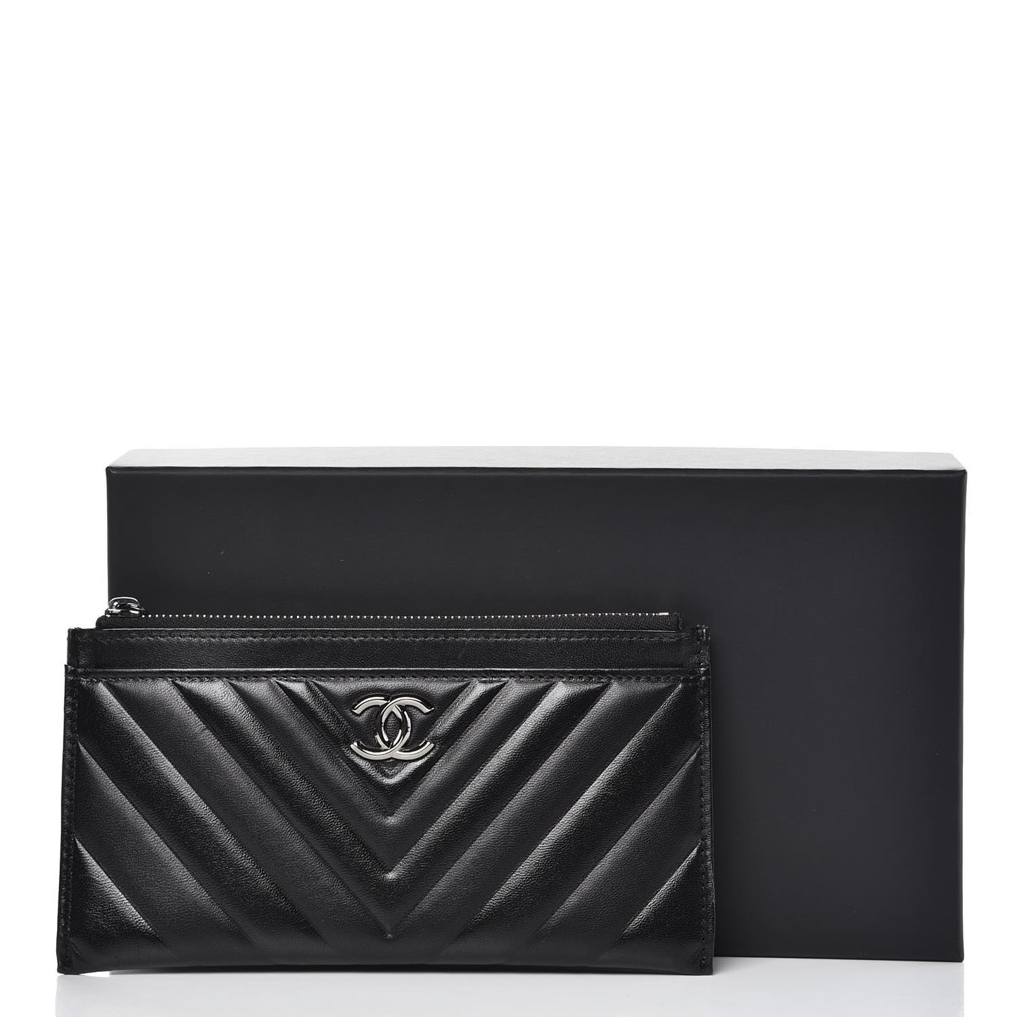 Lambskin Chevron Quilted Classic Zip Pouch Black