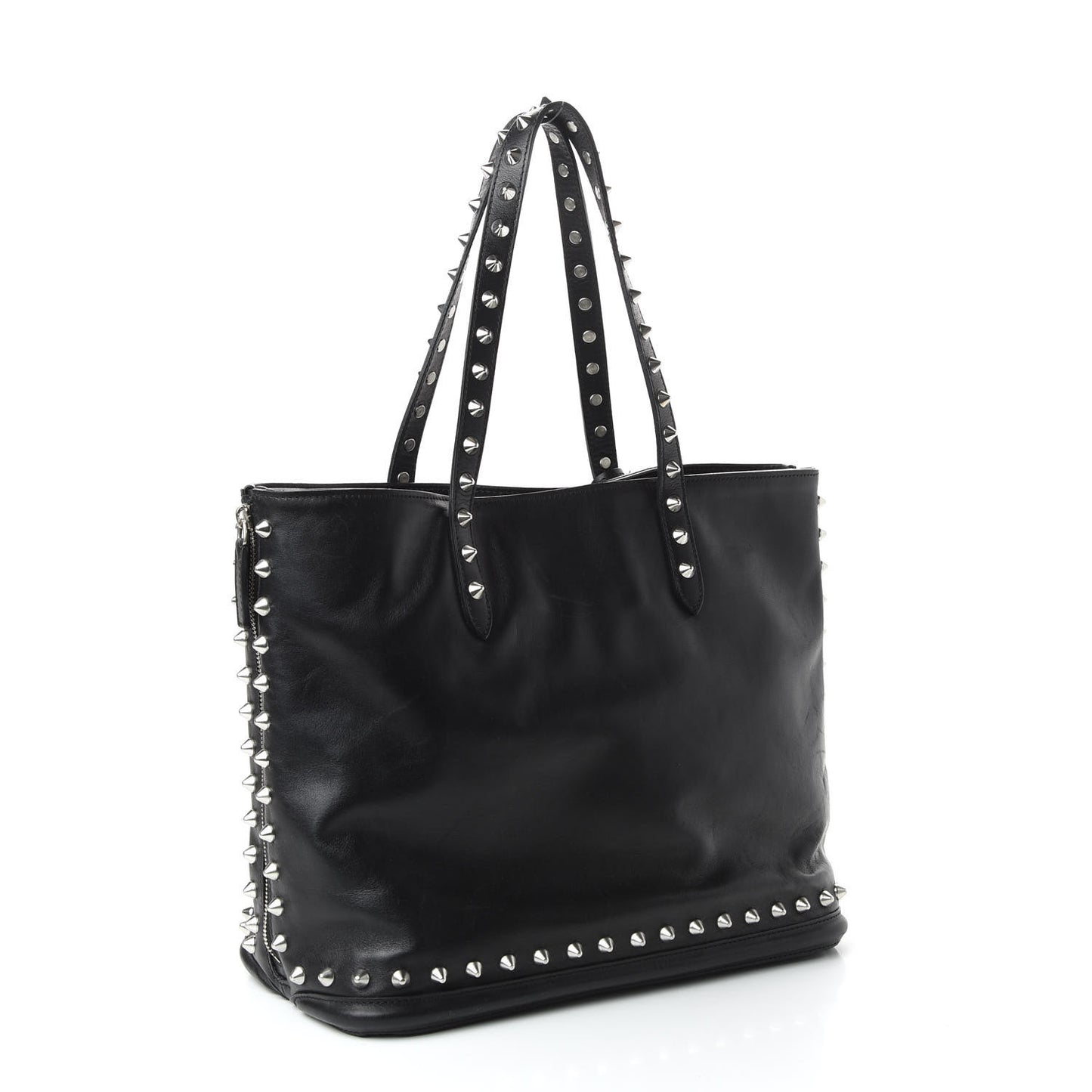 Pebbled Calfskin Skull Studded Padlock Tote Black