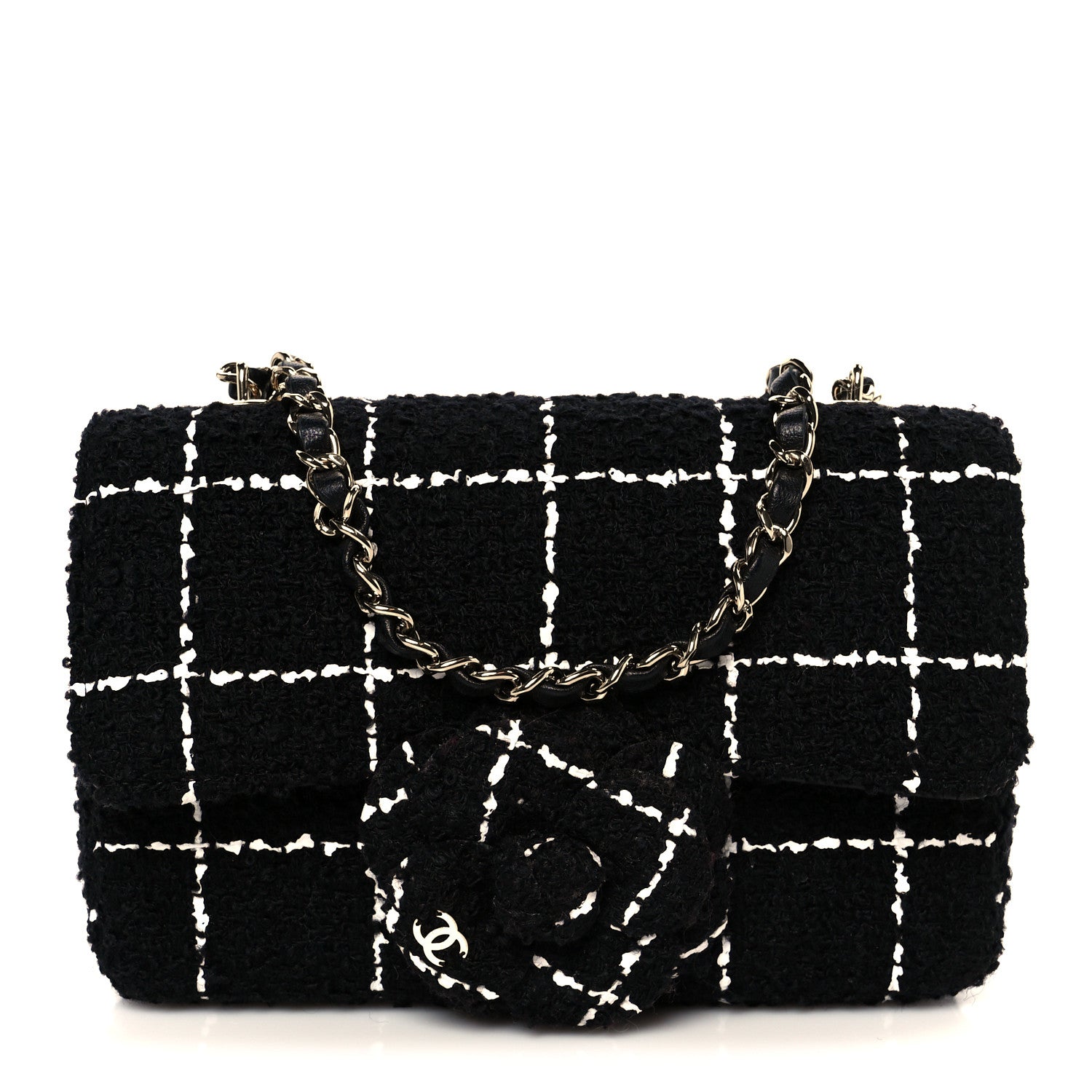 Chanel Tweed Quilted Small Camellia Flap Black White 1 of 11