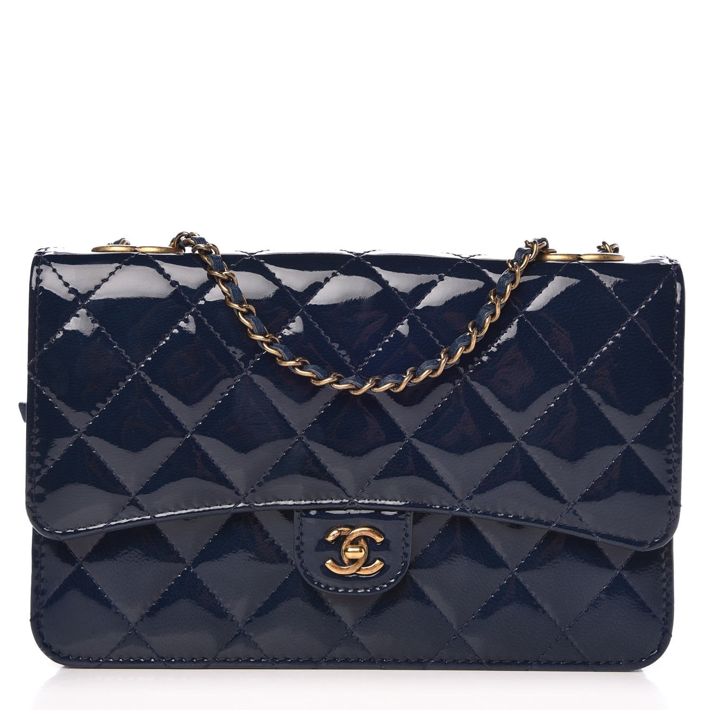 Patent Goatskin Quilted CC Eyelet Wallet On Chain WOC Blue