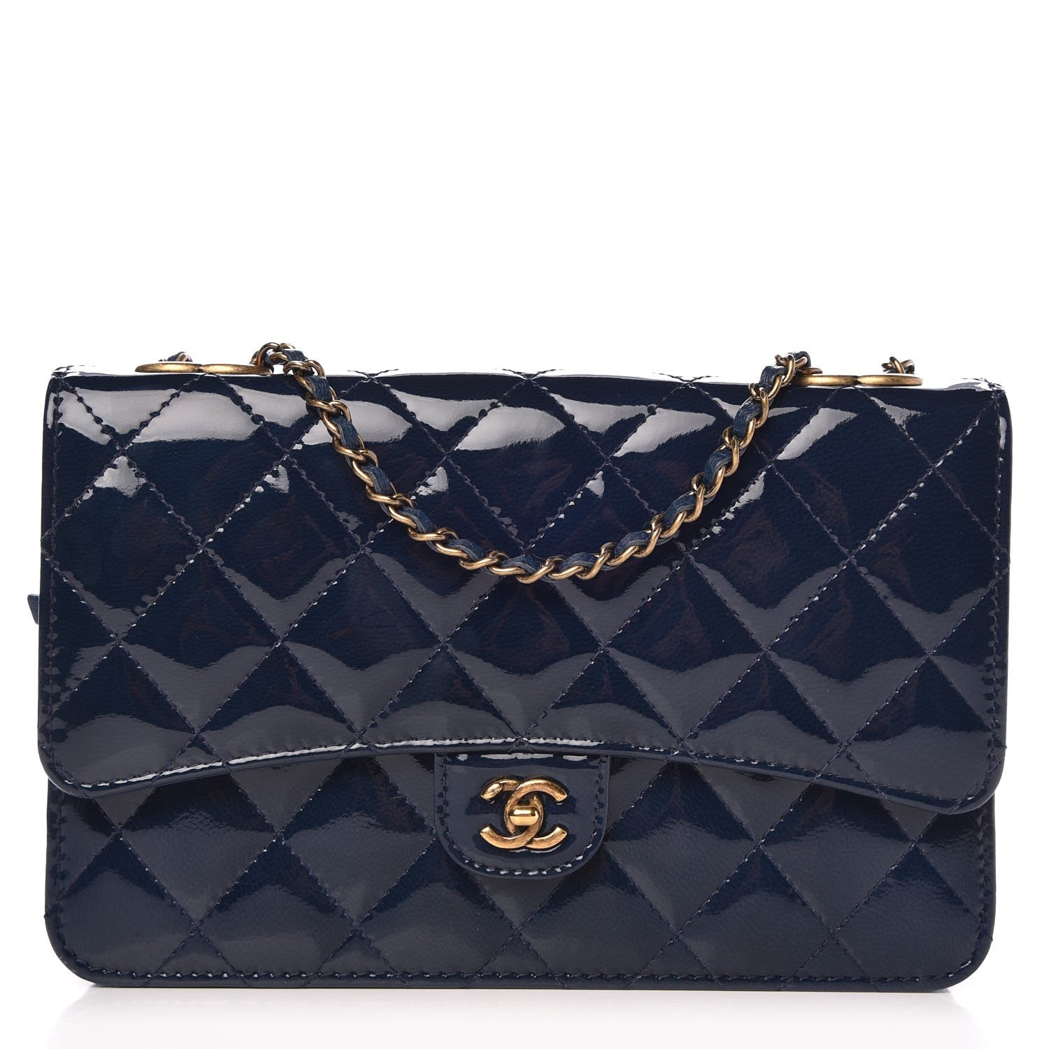 Chanel Patent Goatskin Quilted CC Eyelet Wallet On Chain WOC Blue 1 of 9