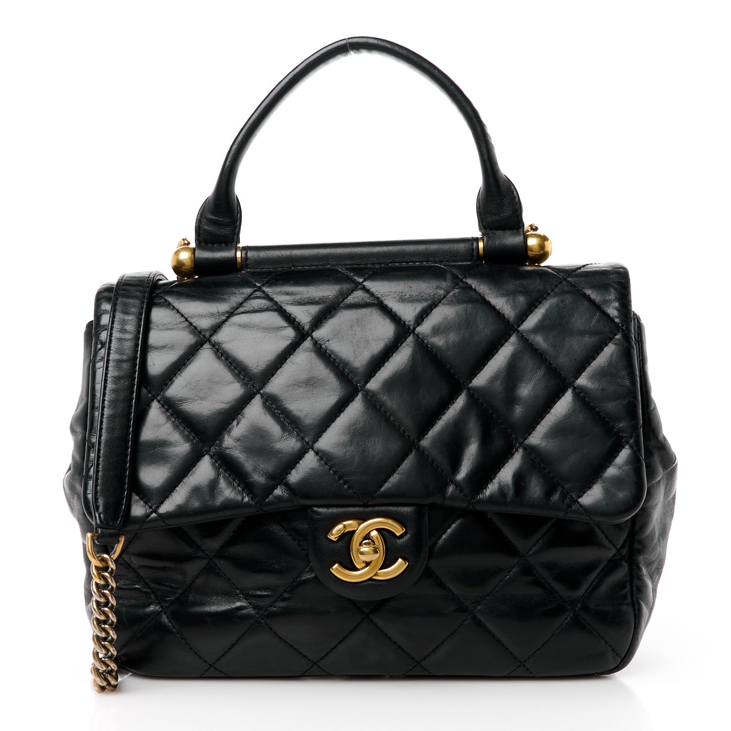 Glazed Calfskin Quilted Medium Gold Bar Top Handle Flap Black