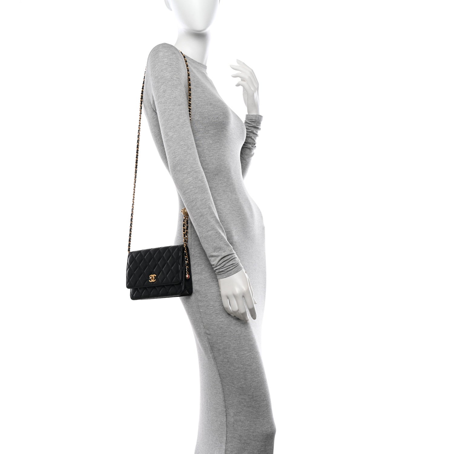 Chanel Lambskin Quilted CC Pearl Crush Wallet on Chain WOC Black 3 of 11