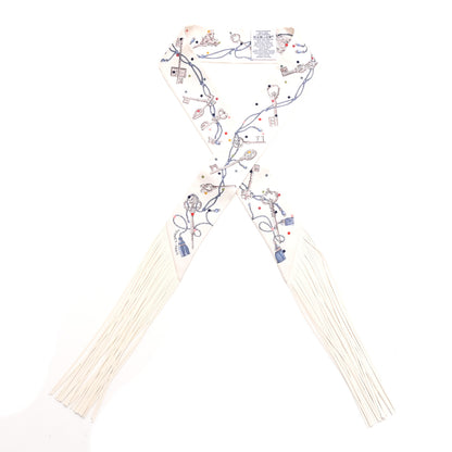 Hermes Silk Calfskin Les Cles A Pois Fringed Twilly Creme Gris Perle Multicolor 1 of 4