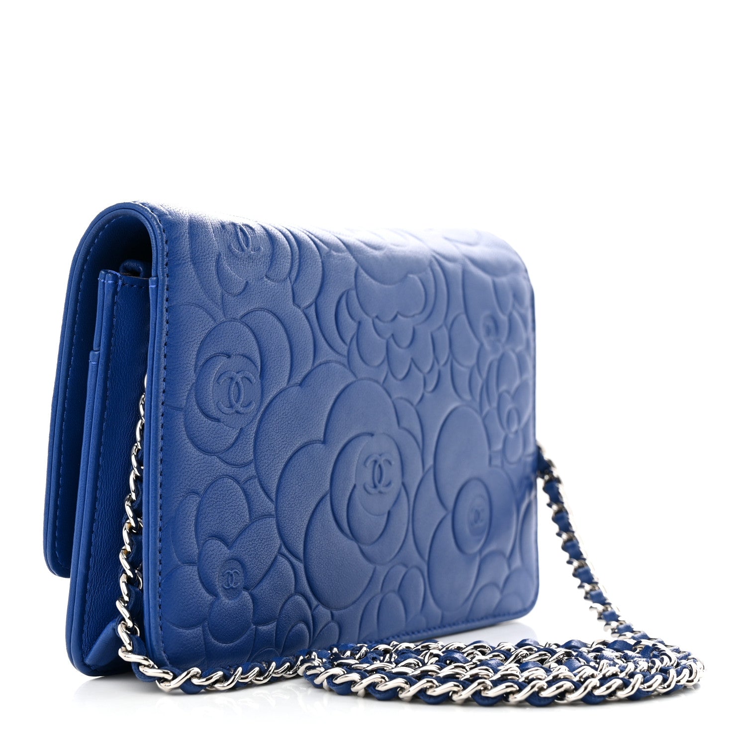Chanel Lambskin Camellia Embossed Wallet on Chain WOC Blue 3 of 13