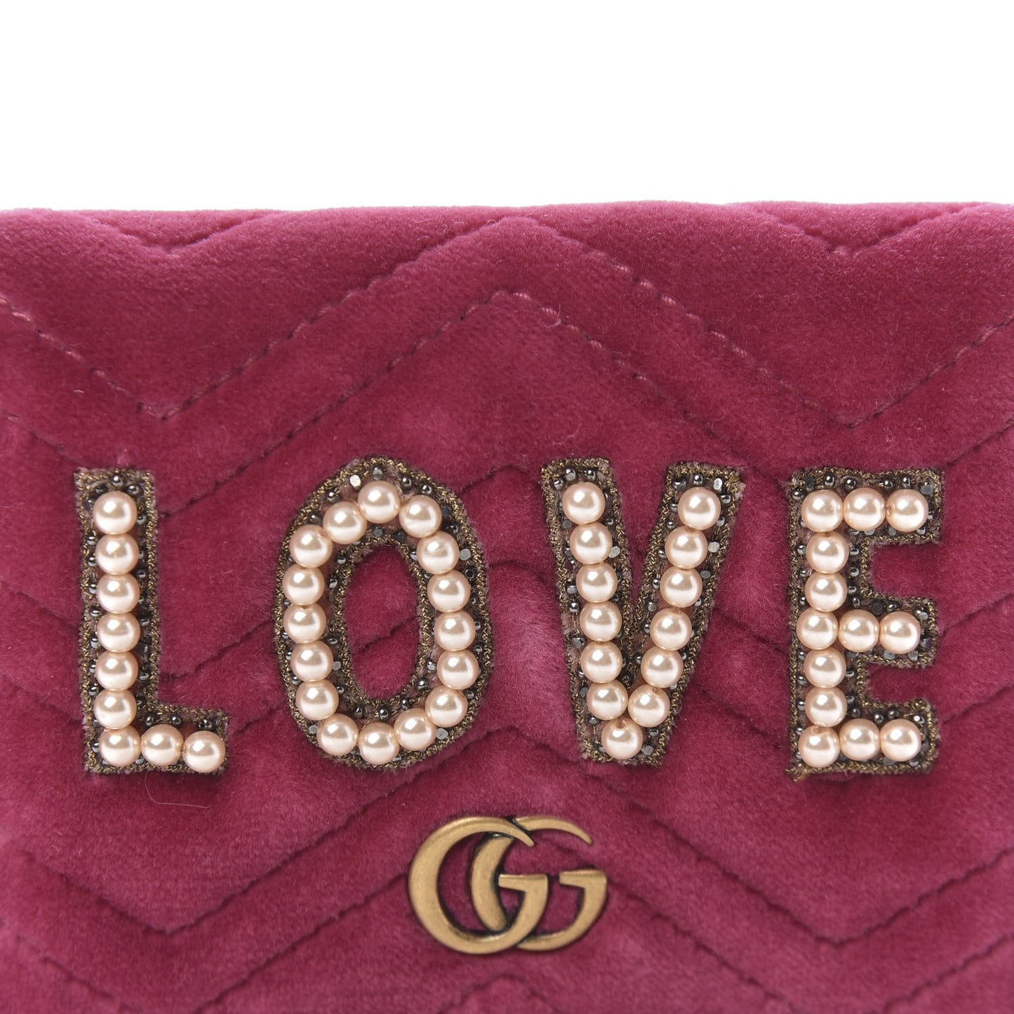Velvet Matelasse Pearl Love Embroidered GG Marmont Card Case Wallet Light Raspberry Rose