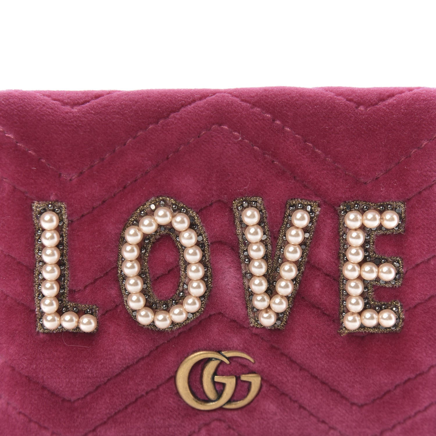 Gucci Velvet Matelasse Pearl Love Embroidered GG Marmont Card Case Wallet Light Raspberry Rose 9 of 9