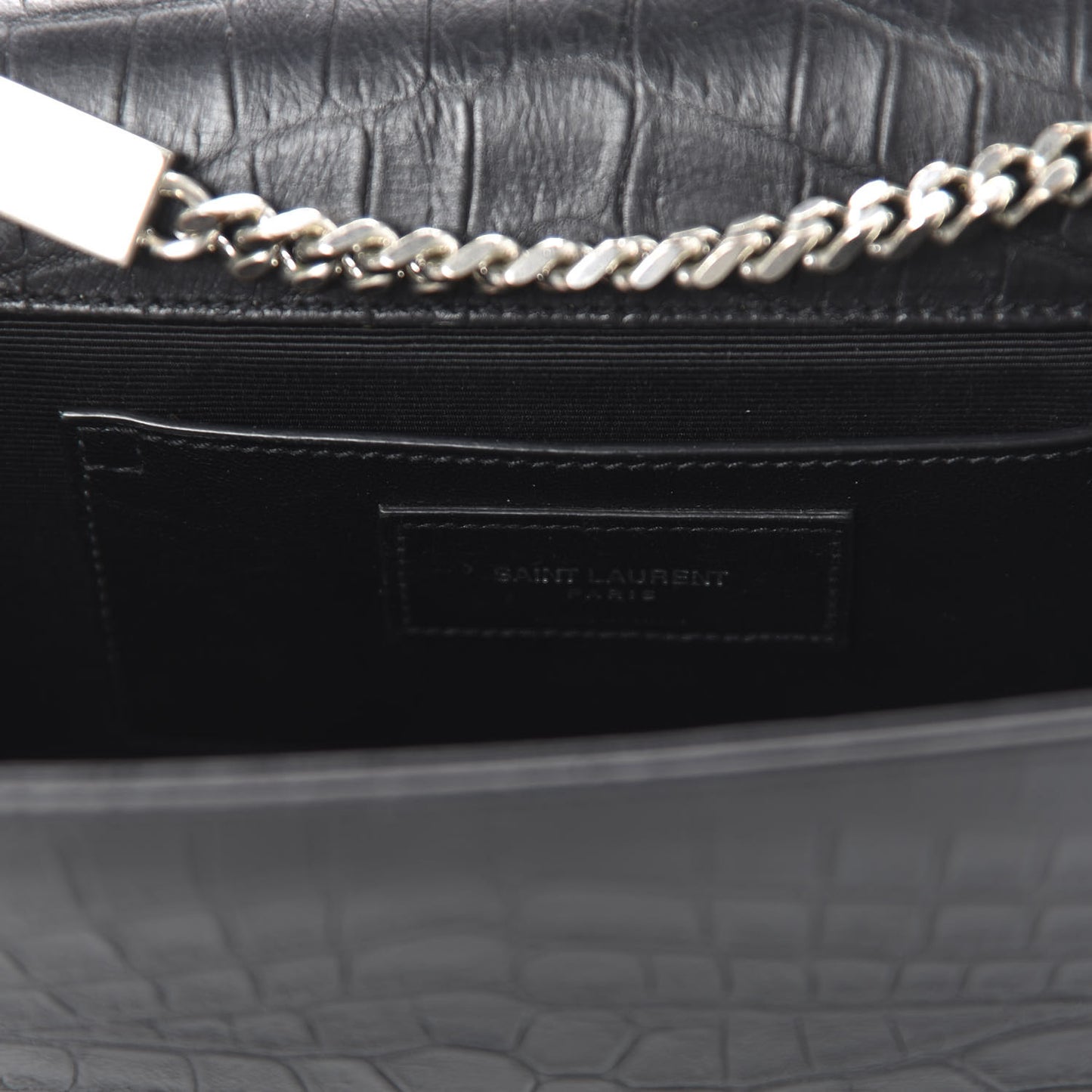 Calfskin Crocodile Embossed Medium Classic Monogram Kate Tassel Satchel Black