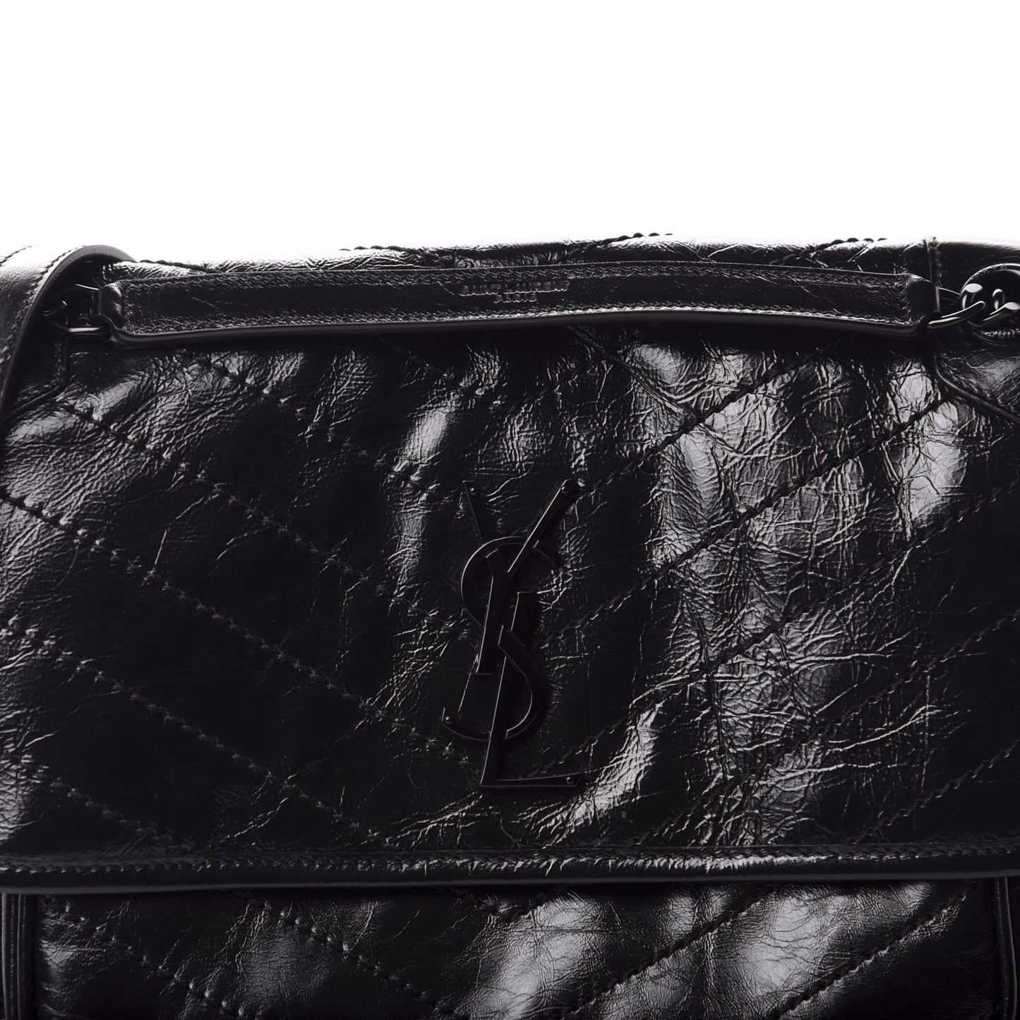 Crinkled Calfskin Matelasse Monogram Medium Niki Chain Satchel Black