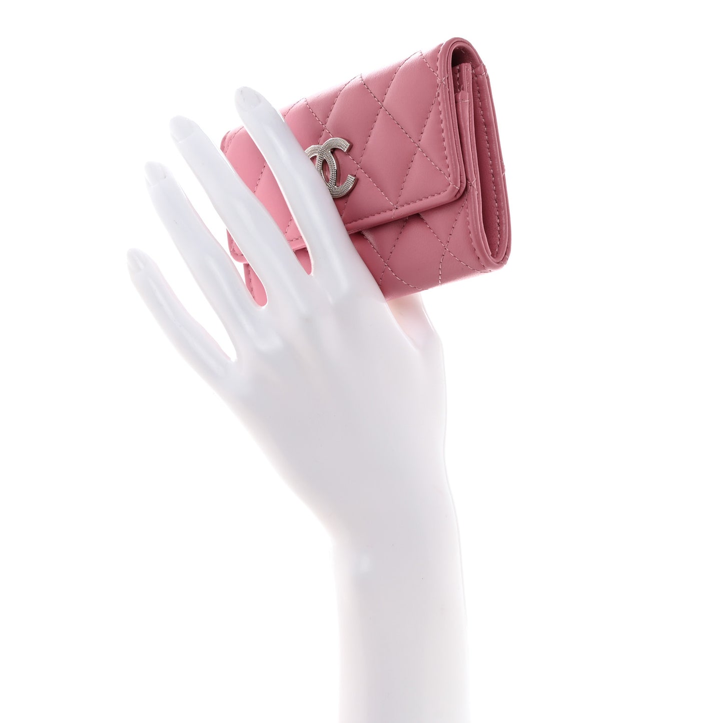 Lambskin Quilted Flap Crystal Star Card Holder Wallet Pink