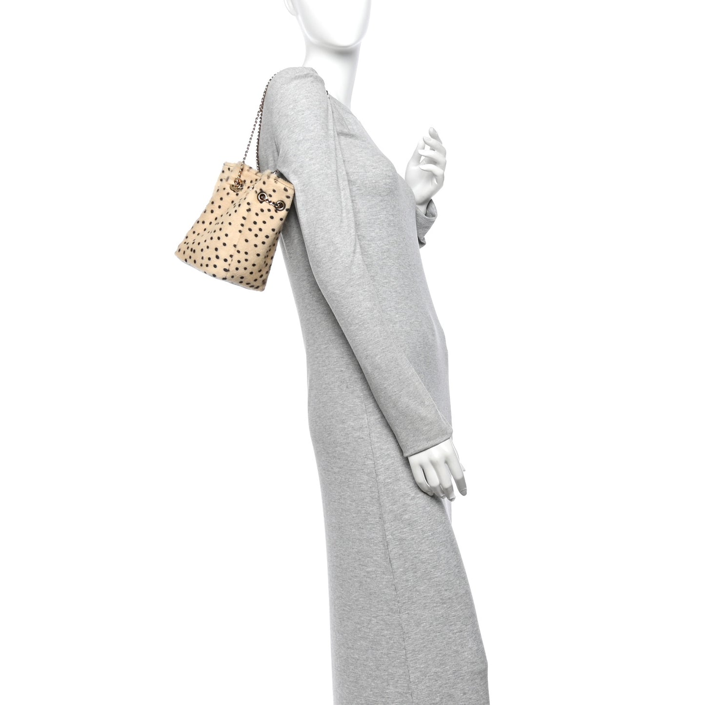 Pony Hair Cheetah Printed CC Chain Bucket Bag Light Beige Black