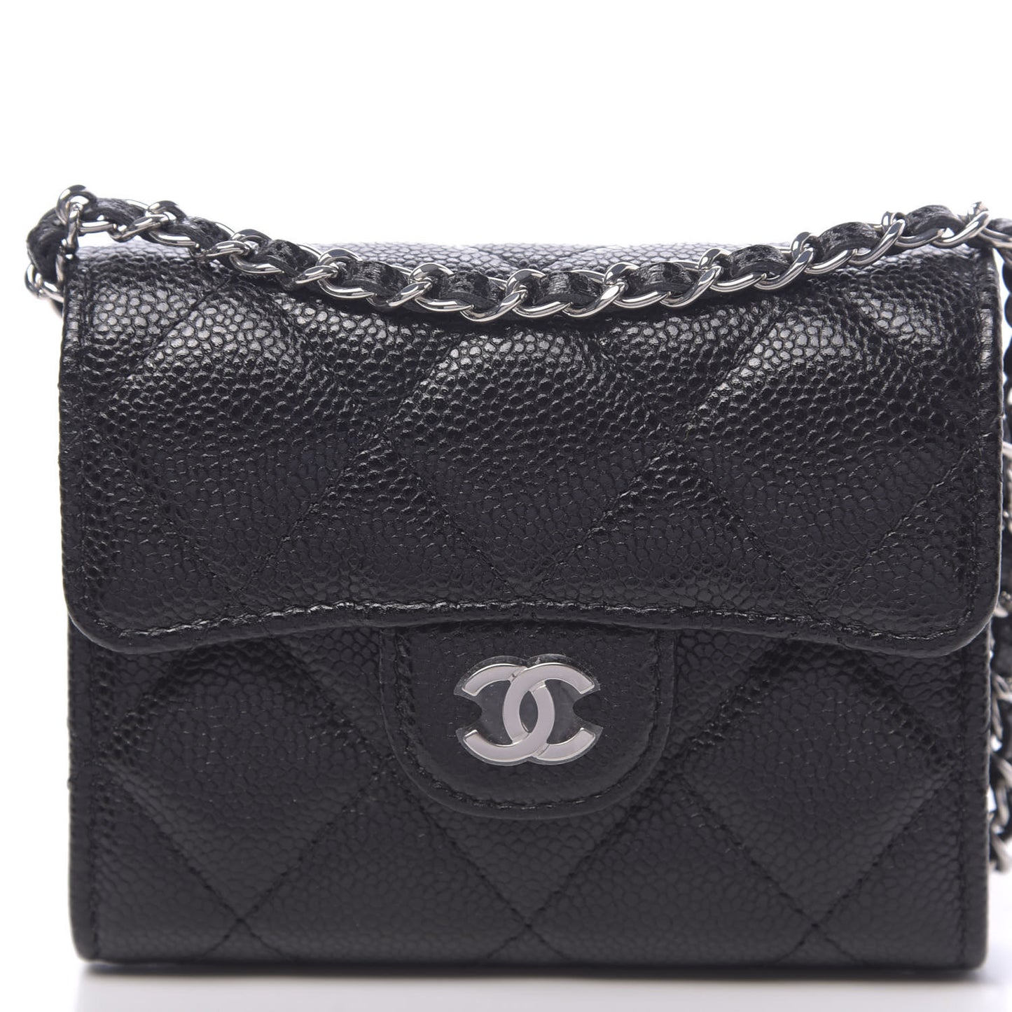 Caviar Quilted Flap Card Holder On Chain Black