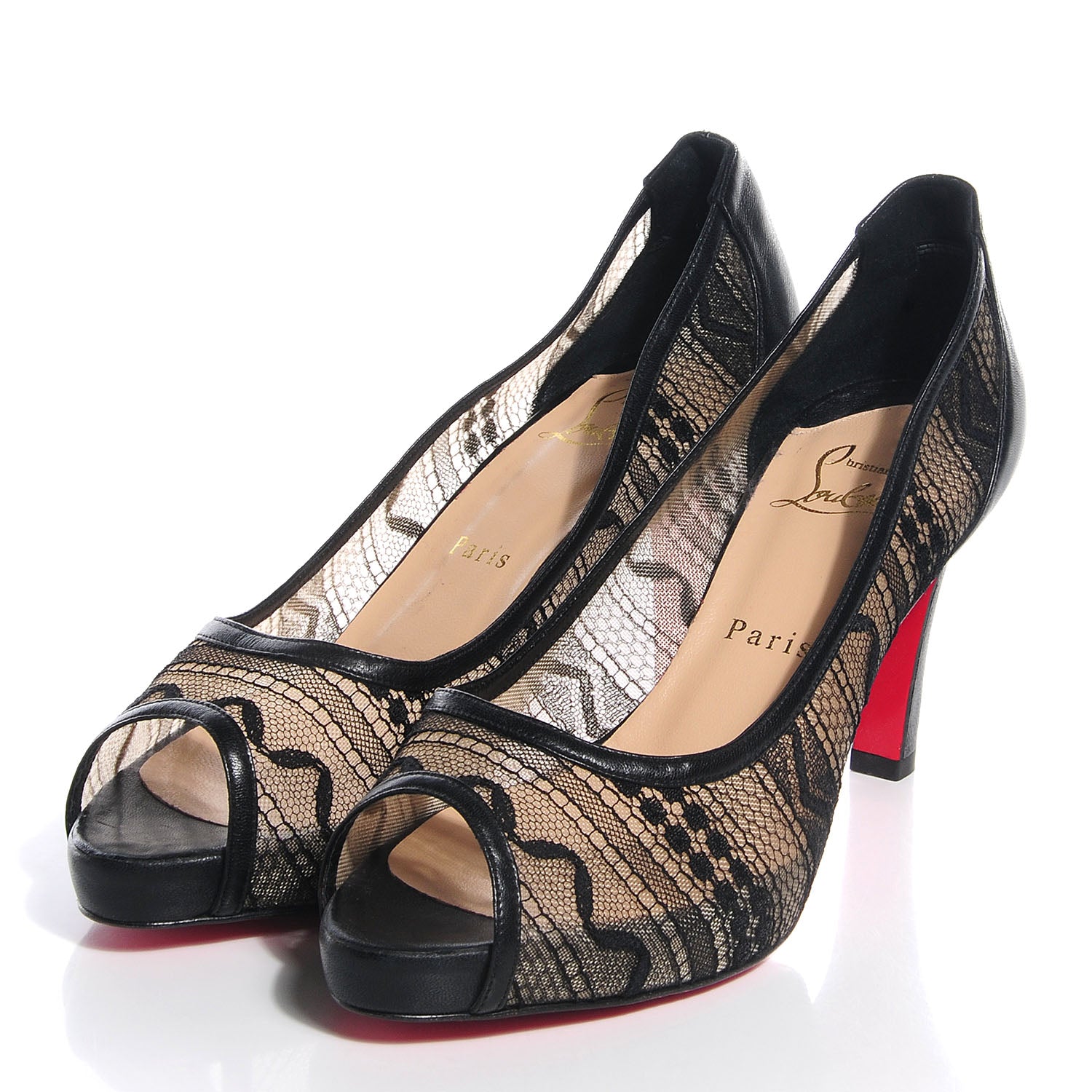 Christian Louboutin Lace Ambro 90 Platform Peep Toe Pumps 38 Black 3 of 7