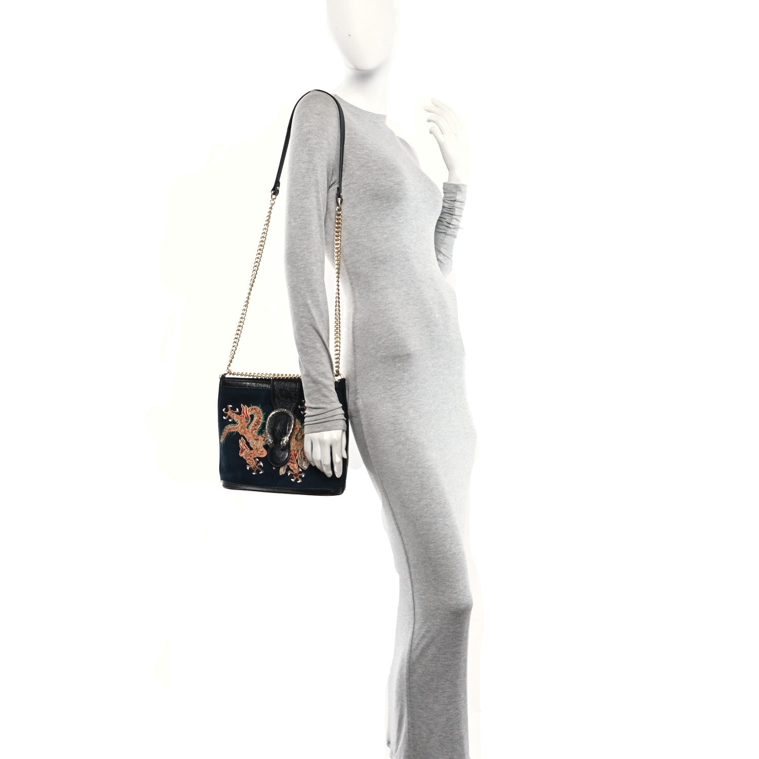 Gucci Suede Patent Dragon Embroidered Medium Dionysus Bucket Bag Dark Blue 2 of 9