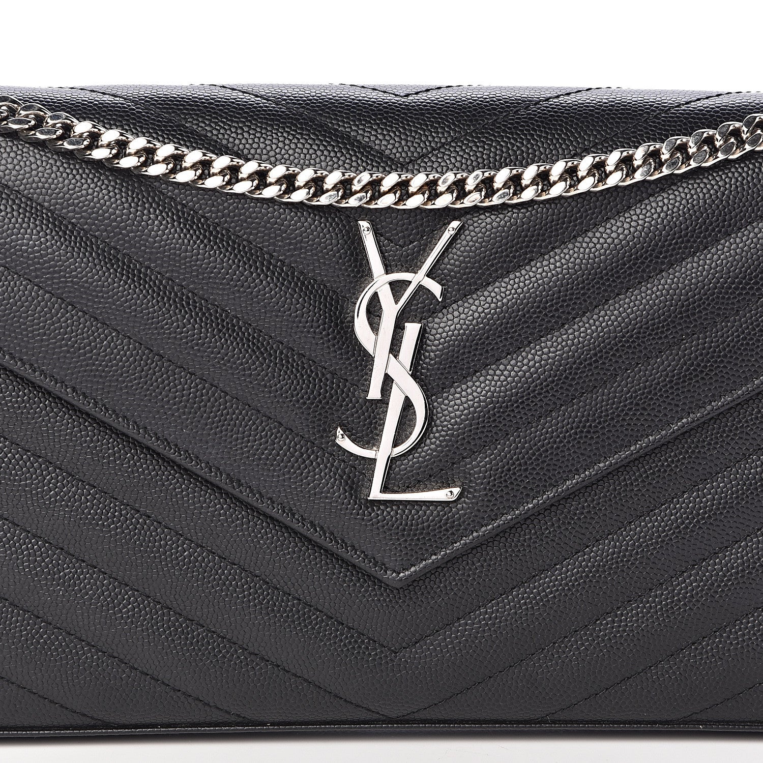 Saint Laurent Grain De Poudre Matelasse Chevron Medium Monogram Chain Wallet Black 8 of 10