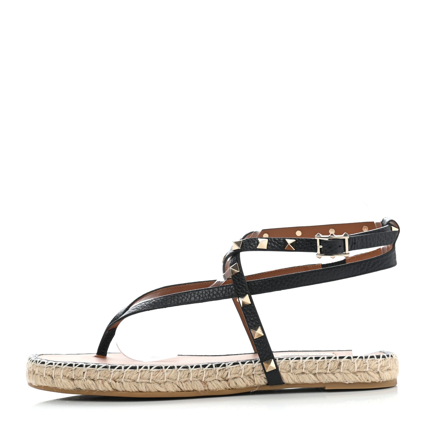 Pebbled Calfskin Rockstud Thong Espadrille Sandals 41 Black