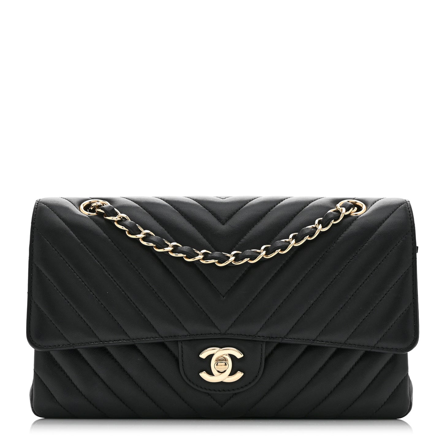 Lambskin Chevron Quilted Medium Double Flap Black