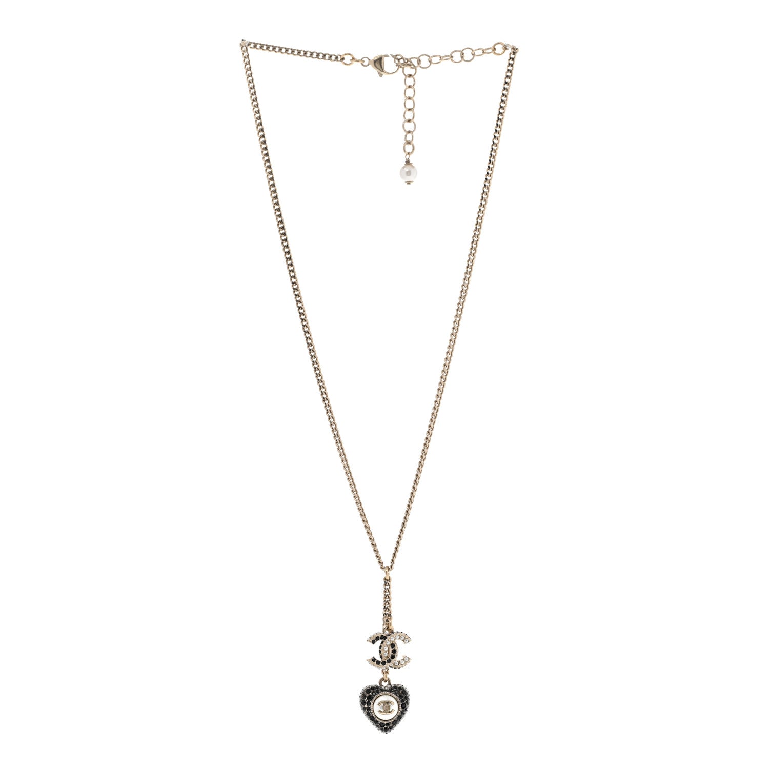 Chanel Crystal CC Heart Necklace Black Pearly White Gold 3 of 7