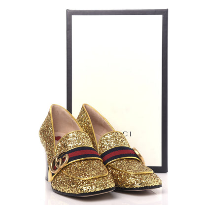 Gucci Glitter Nappa Web Peyton 75mm Loafer Pumps 37 Oro Vecchio 11 of 11