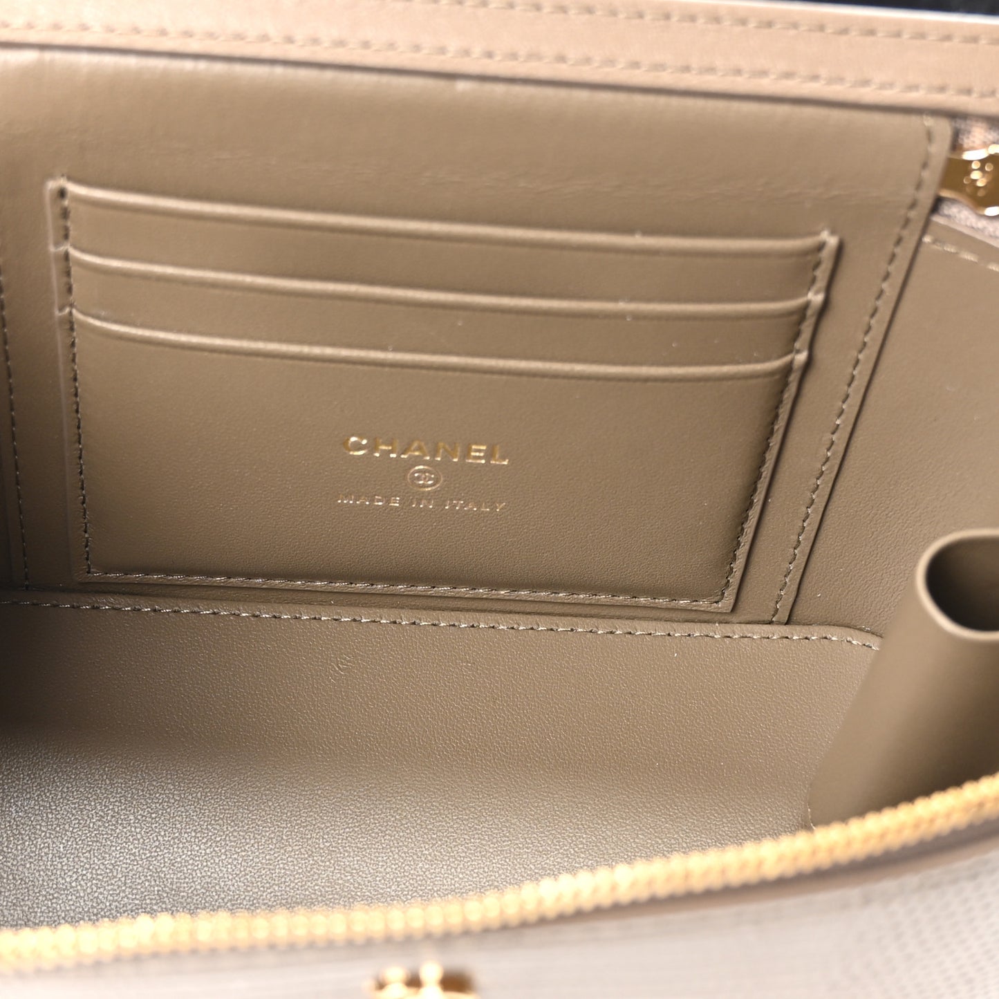 Calfskin Lizard Embossed Top Handle Vanity With Chain Dark Khaki