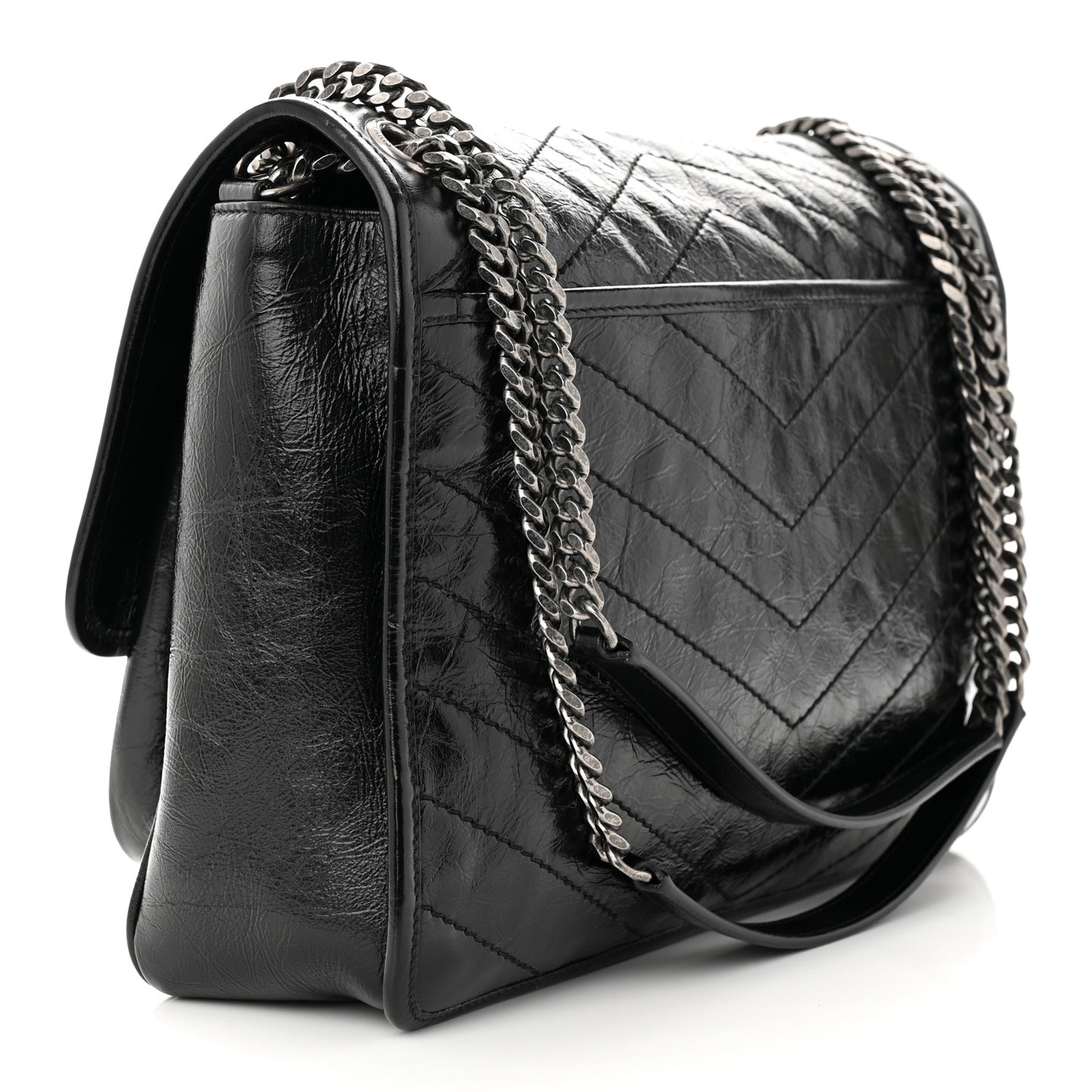 Crinkled Calfskin Matelasse Monogram Large Niki Chain Satchel Black