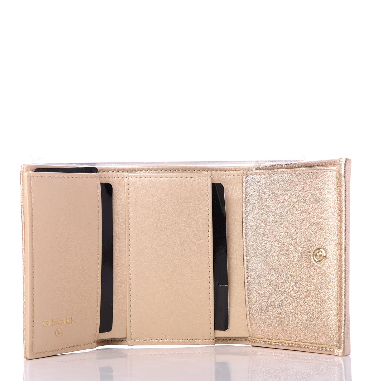 Metallic Lambskin Quilted Small Flap Wallet Gold