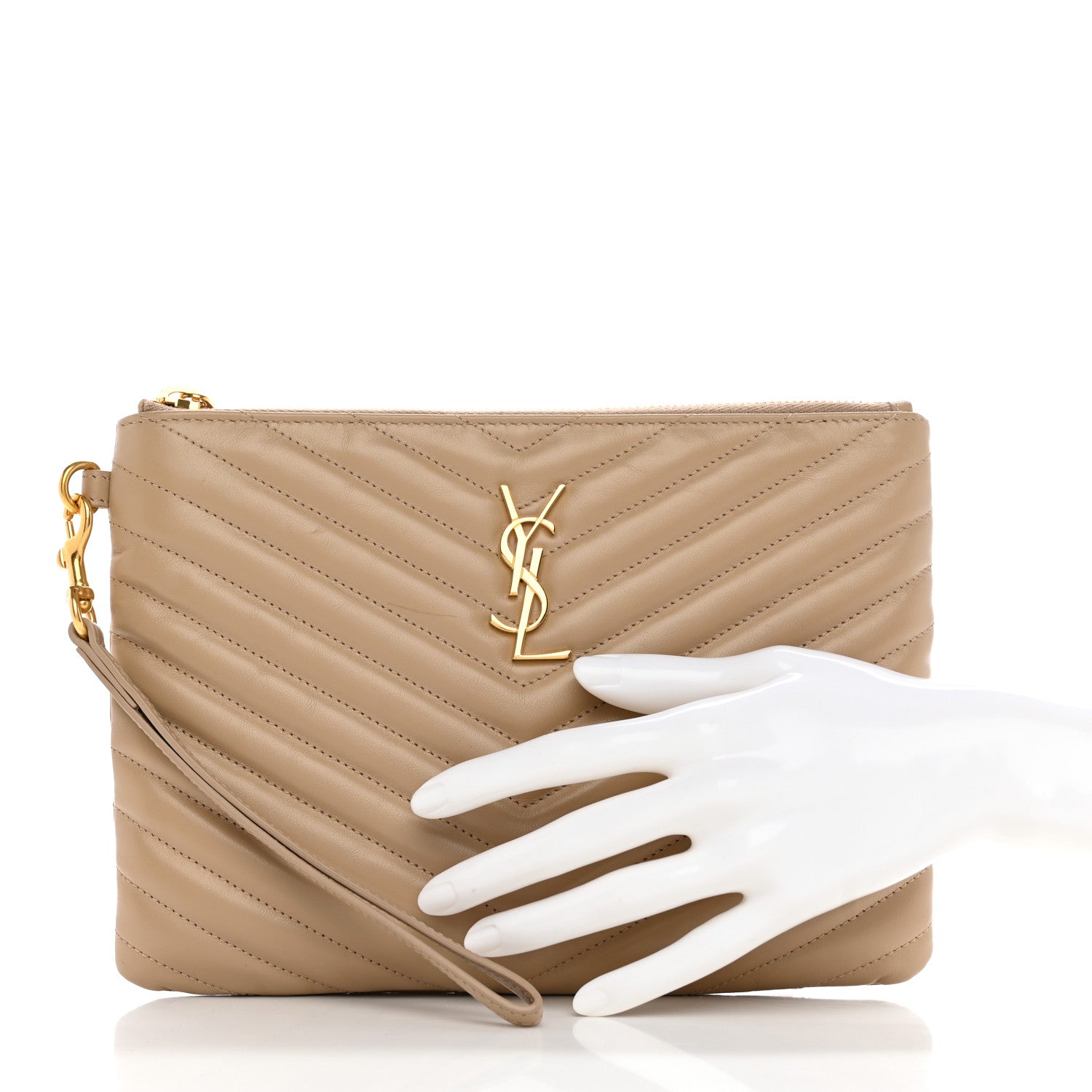 Saint Laurent Calfskin Matelasse Chevron Monogram A5 Wristlet Light Taupe 2 of 10