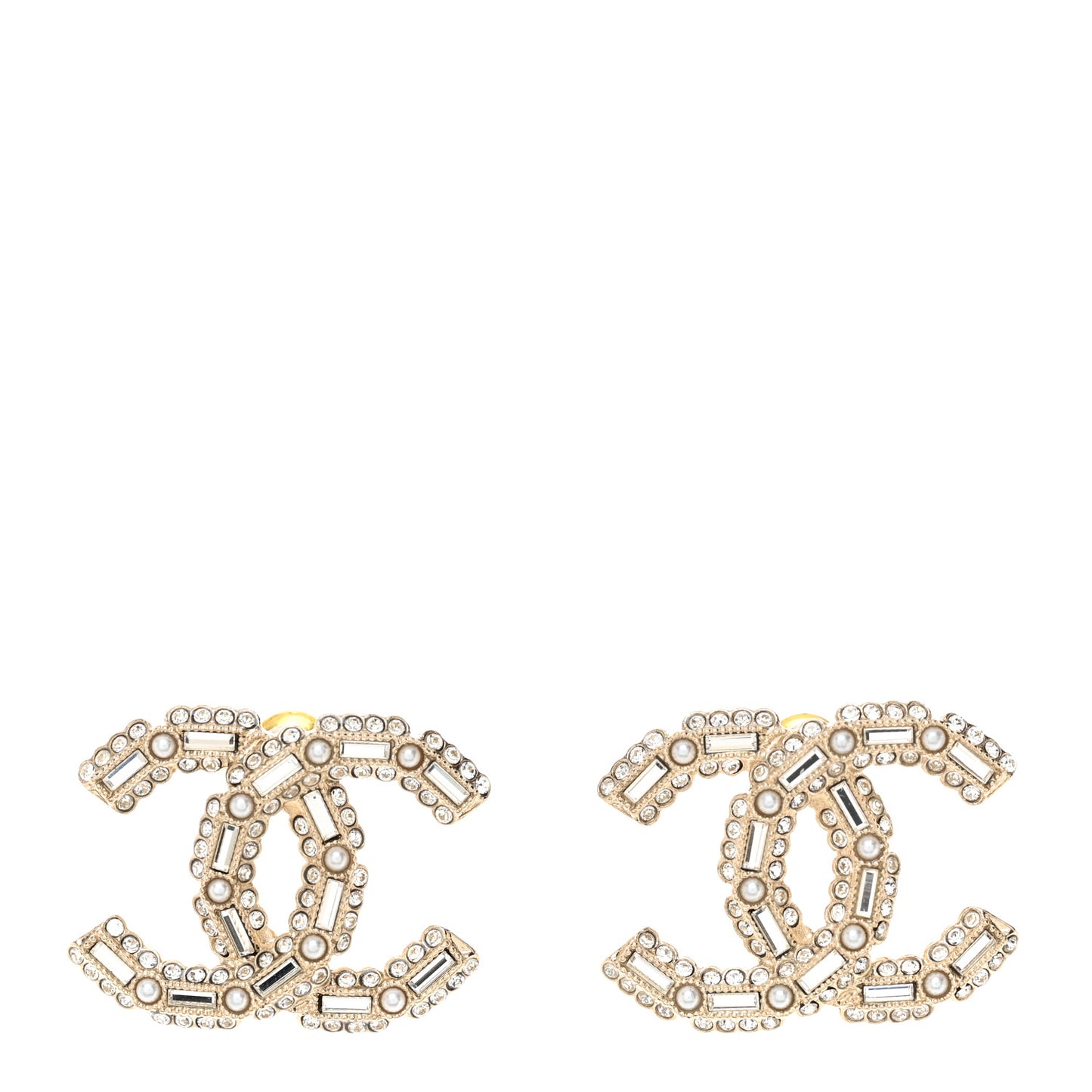 Crystal Baguette Pearl CC Earrings Gold Pearly White