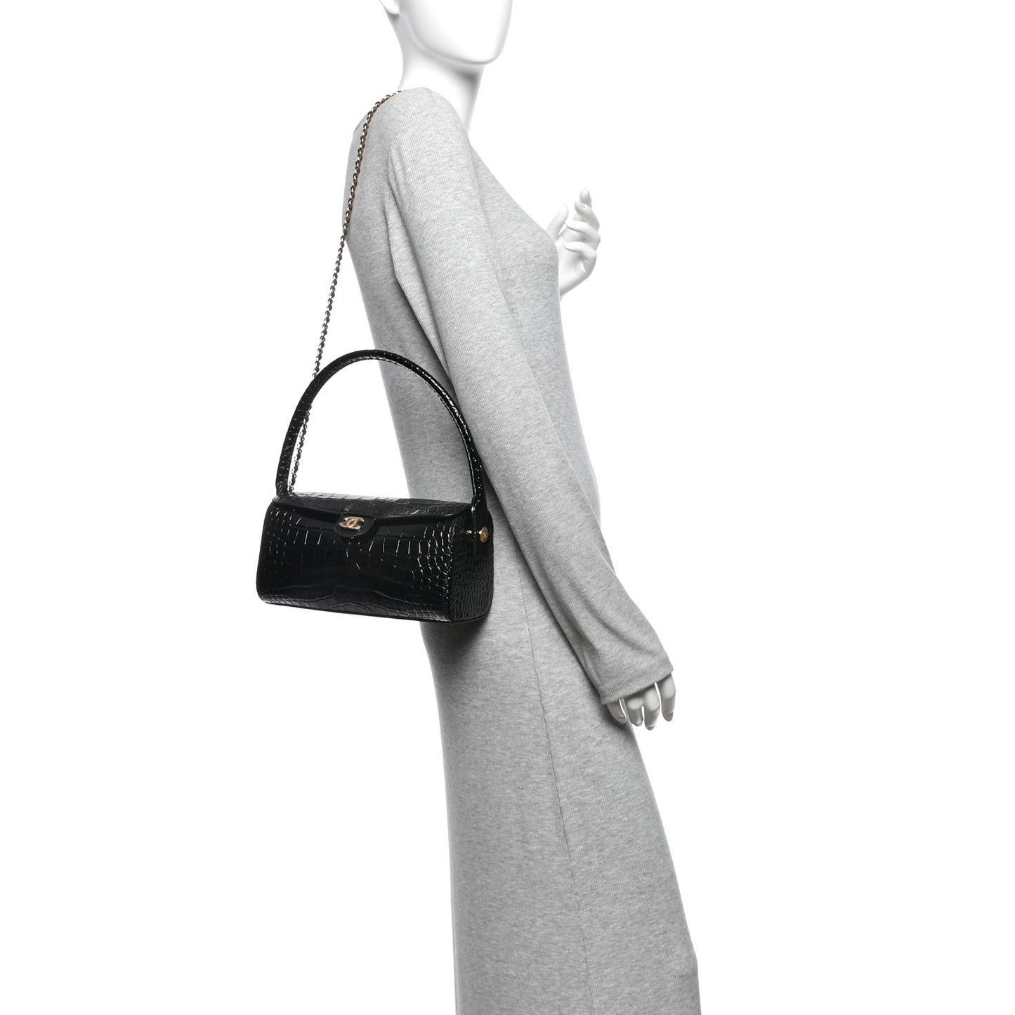 Crocodile Embossed Quilted Turn Around Clutch With Chain Black