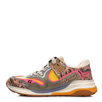 Gucci Suede Calfskin Tejus Printed Womens Ultrapace Sneakers 37 Pink Silver Oatmeal Yolk 1 of 11