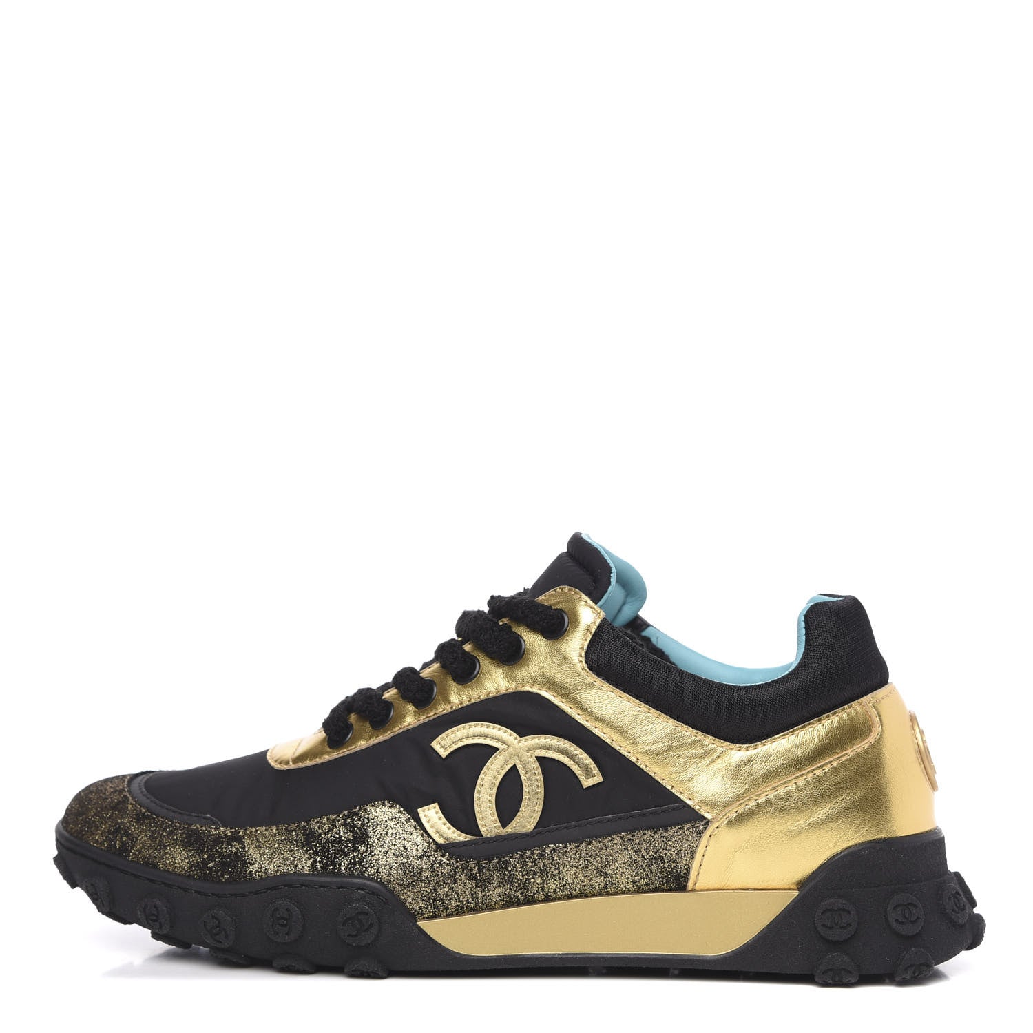 Chanel Metallic Lambskin Satin Finish Womens CC Sneakers 39 Black Gold 1 of 8