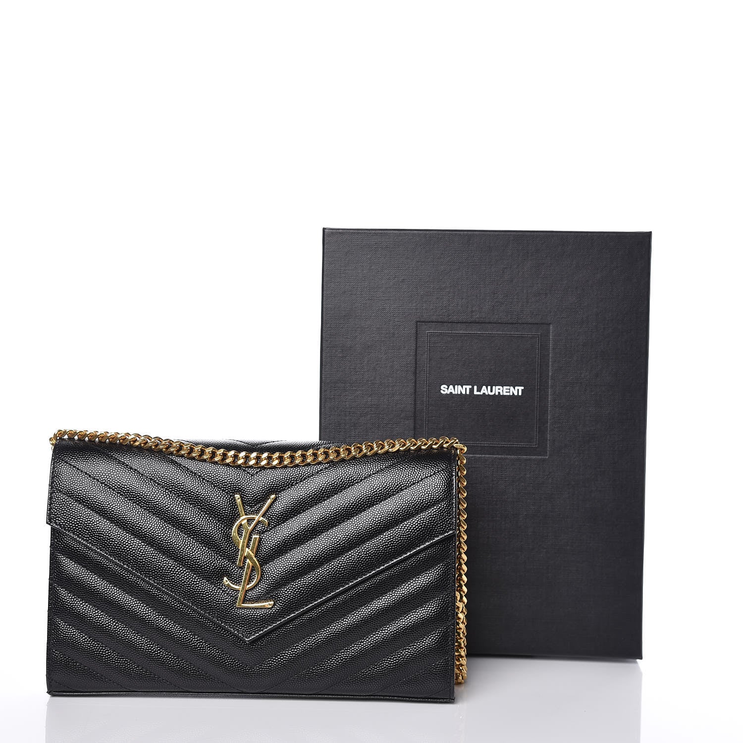 Saint Laurent Grain De Poudre Matelasse Chevron Monogram Chain Wallet Black 17 of 17