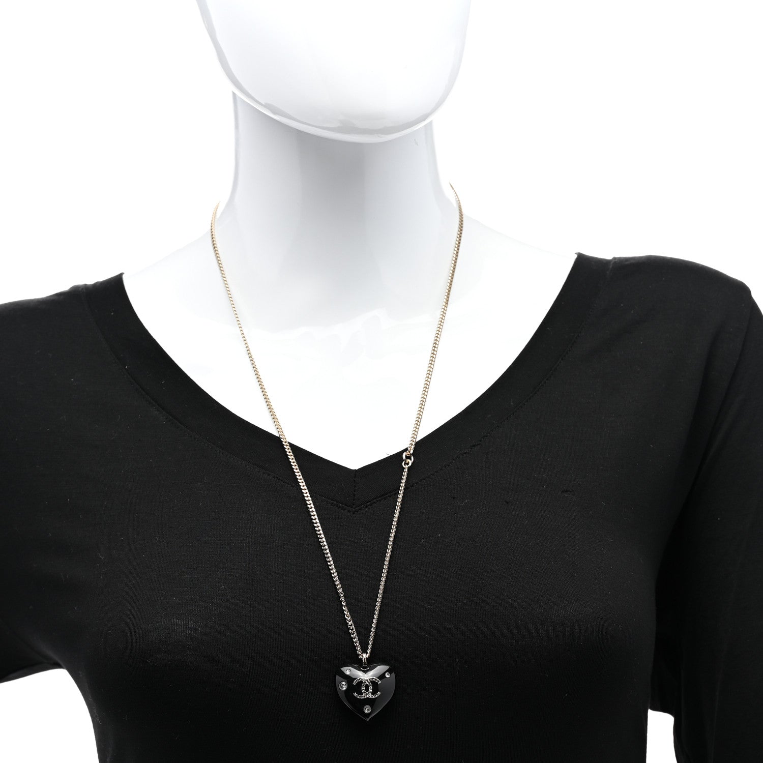 Chanel Resin Crystal CC Heart Necklace Black Gold 2 of 6