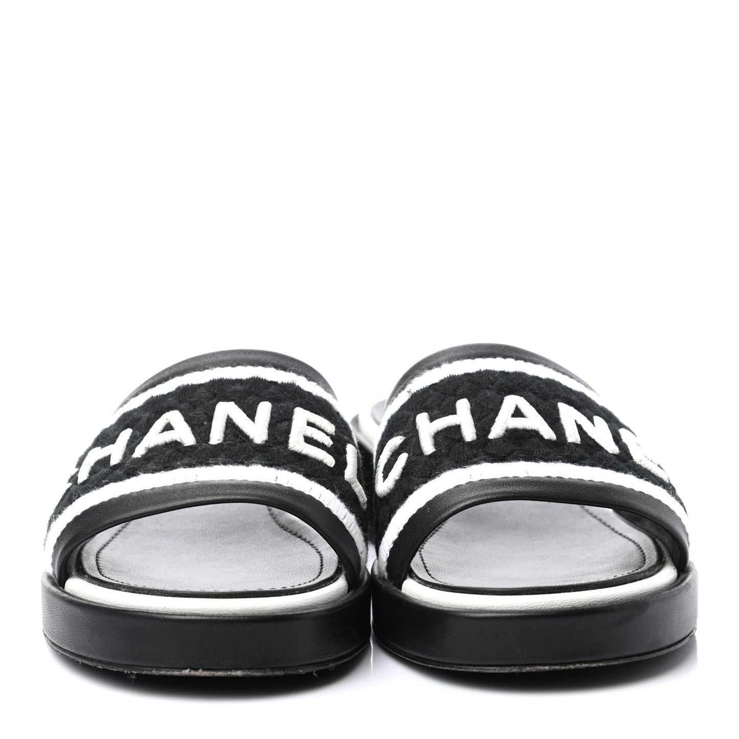 Lambskin Embroidered CC Mule Sandal 36 Black White