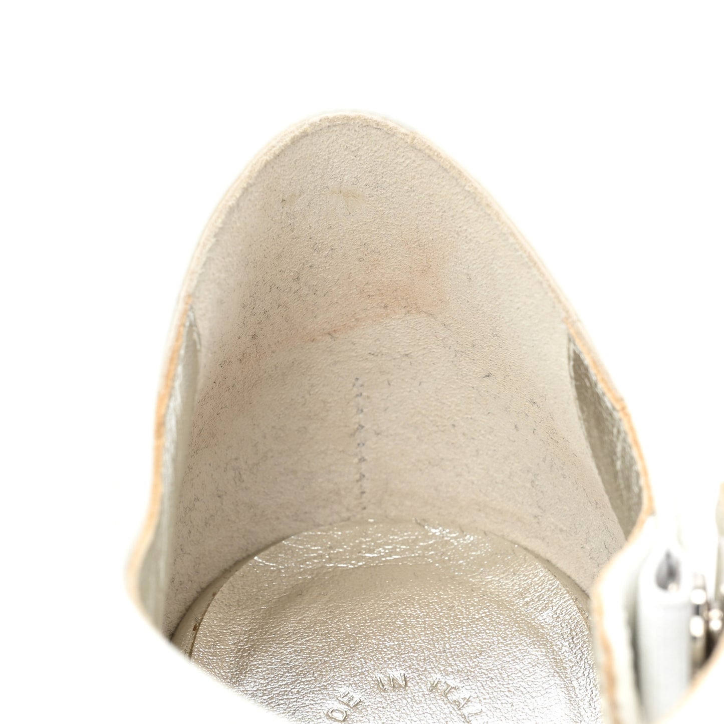 Laminated Lambskin Patent Cap Toe CC Turn-Lock Pumps 40 Silver White