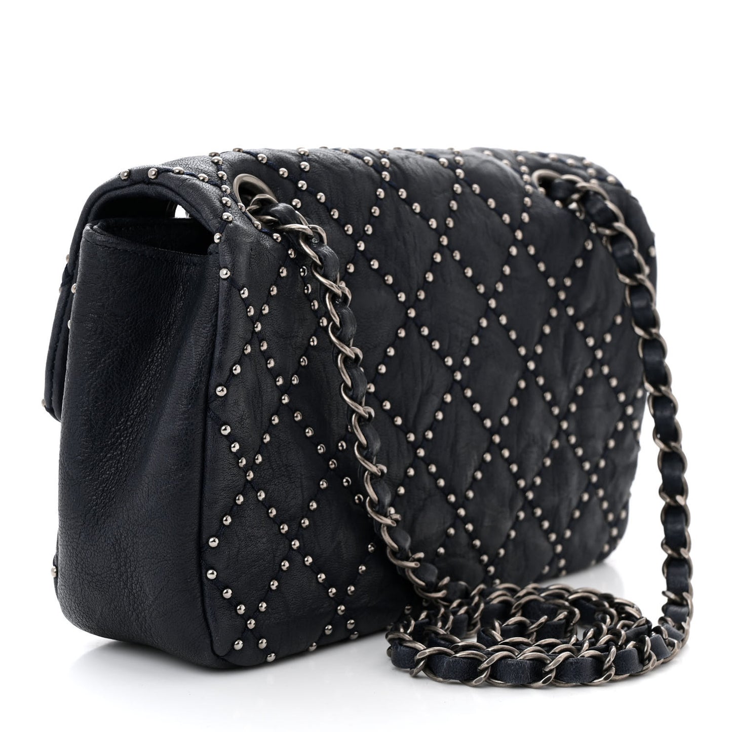 Washed Lambskin Studded Metal Beauty Flap Navy