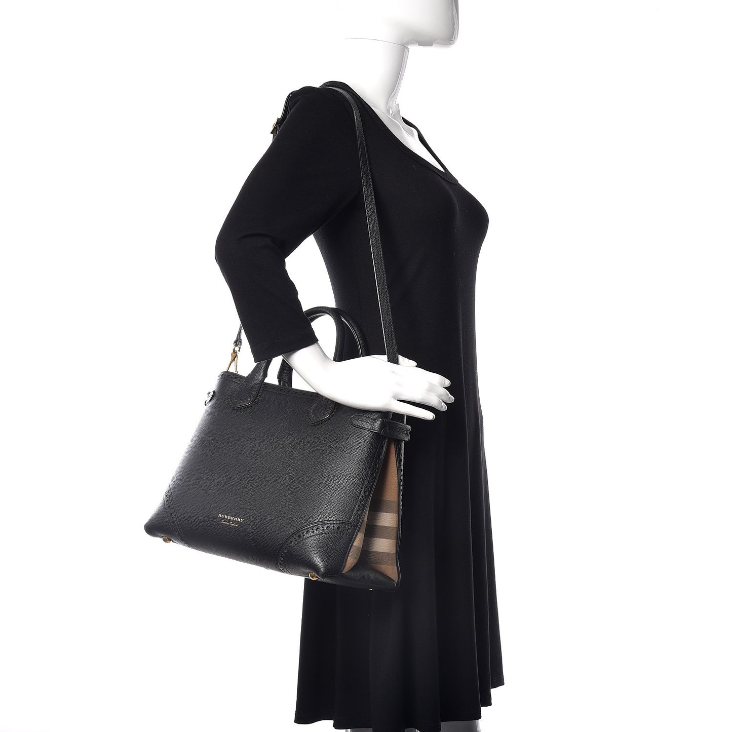 Grainy Calfskin Perforated House Check Medium Brogue Banner Tote Black