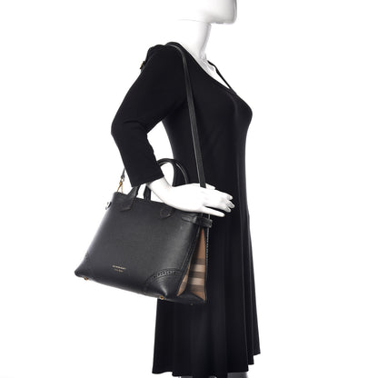 Burberry Grainy Calfskin Perforated House Check Medium Brogue Banner Tote Black 3 of 16