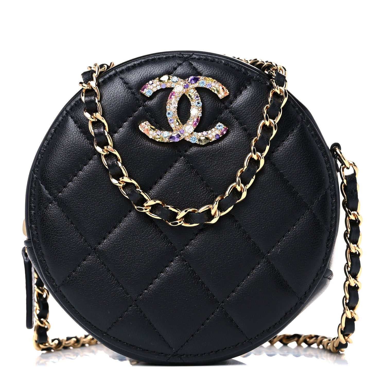 Chanel Lambskin Quilted Zirconium Round Clutch With Chain Black 1 of 11