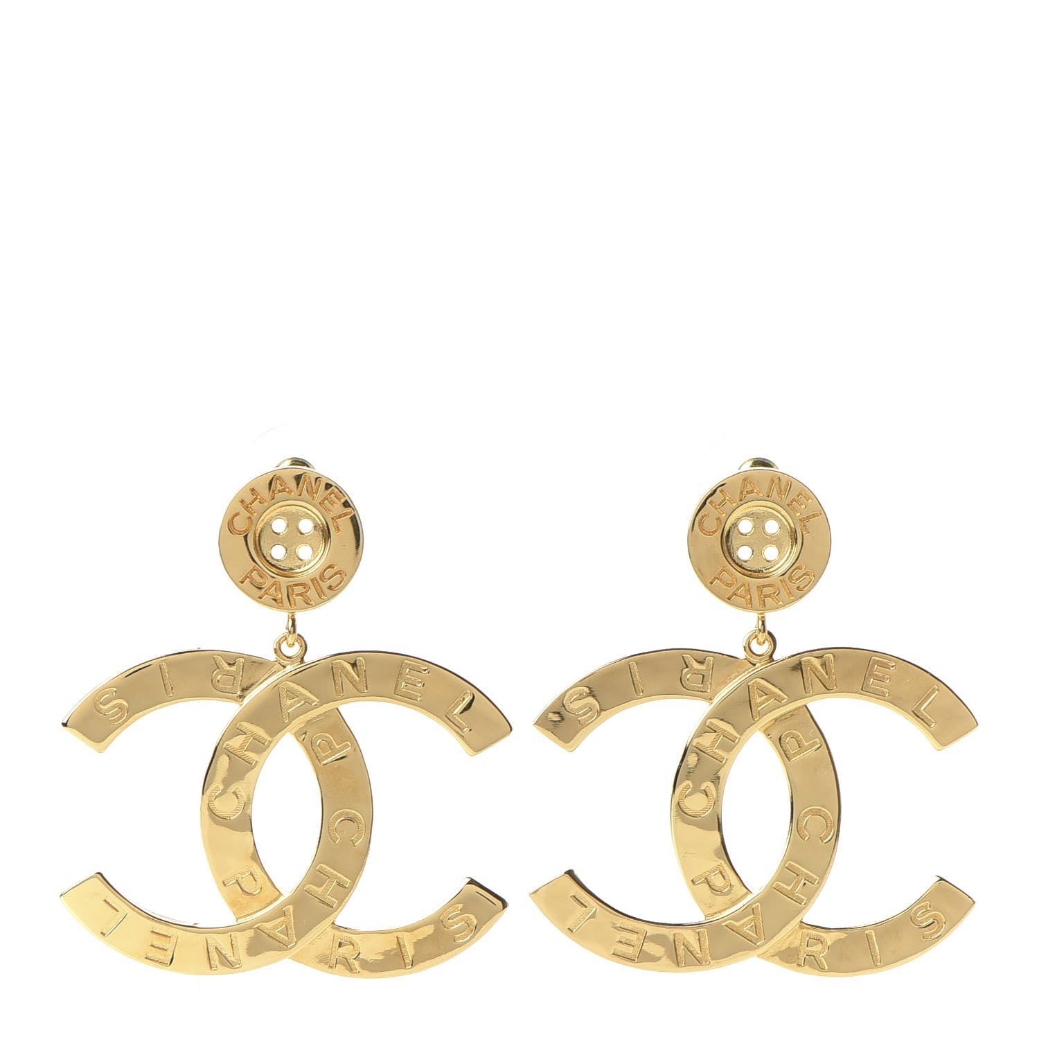 Chanel Metal Large Paris Button Earrings Gold 1 of 5
